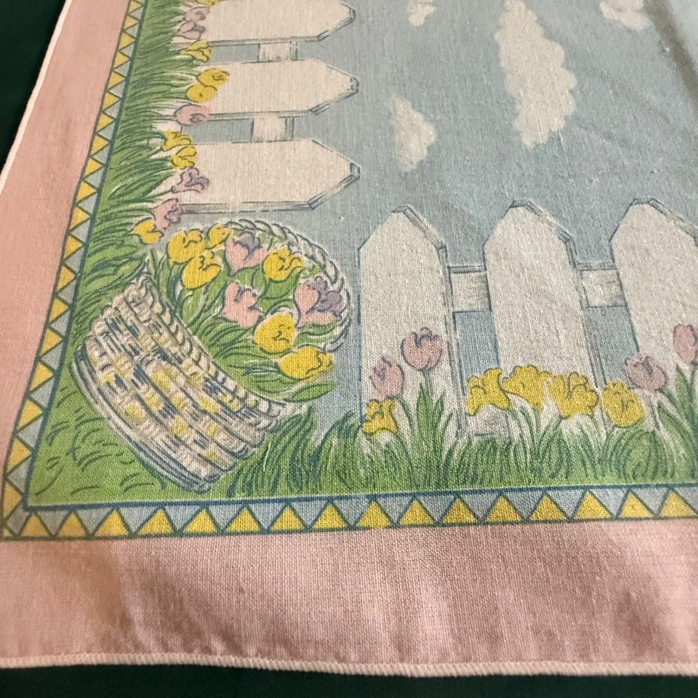 Vintage Pastel Garden Picnic Napkins Set‎ of 3 Pink Blue White Fence Floral 16in